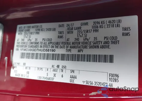 2017 Ford Escape Se z USA, uszkodzony, nr VIN 1FMCU0GD7HUD58190